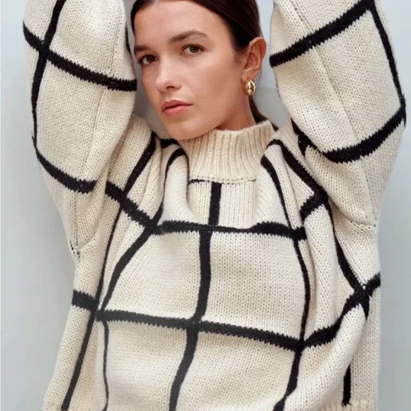 Anthropologie Little Lies Checkmate Mock Neck Chunky Turtleneck Sweater (M/L) - Picture 3 of 9